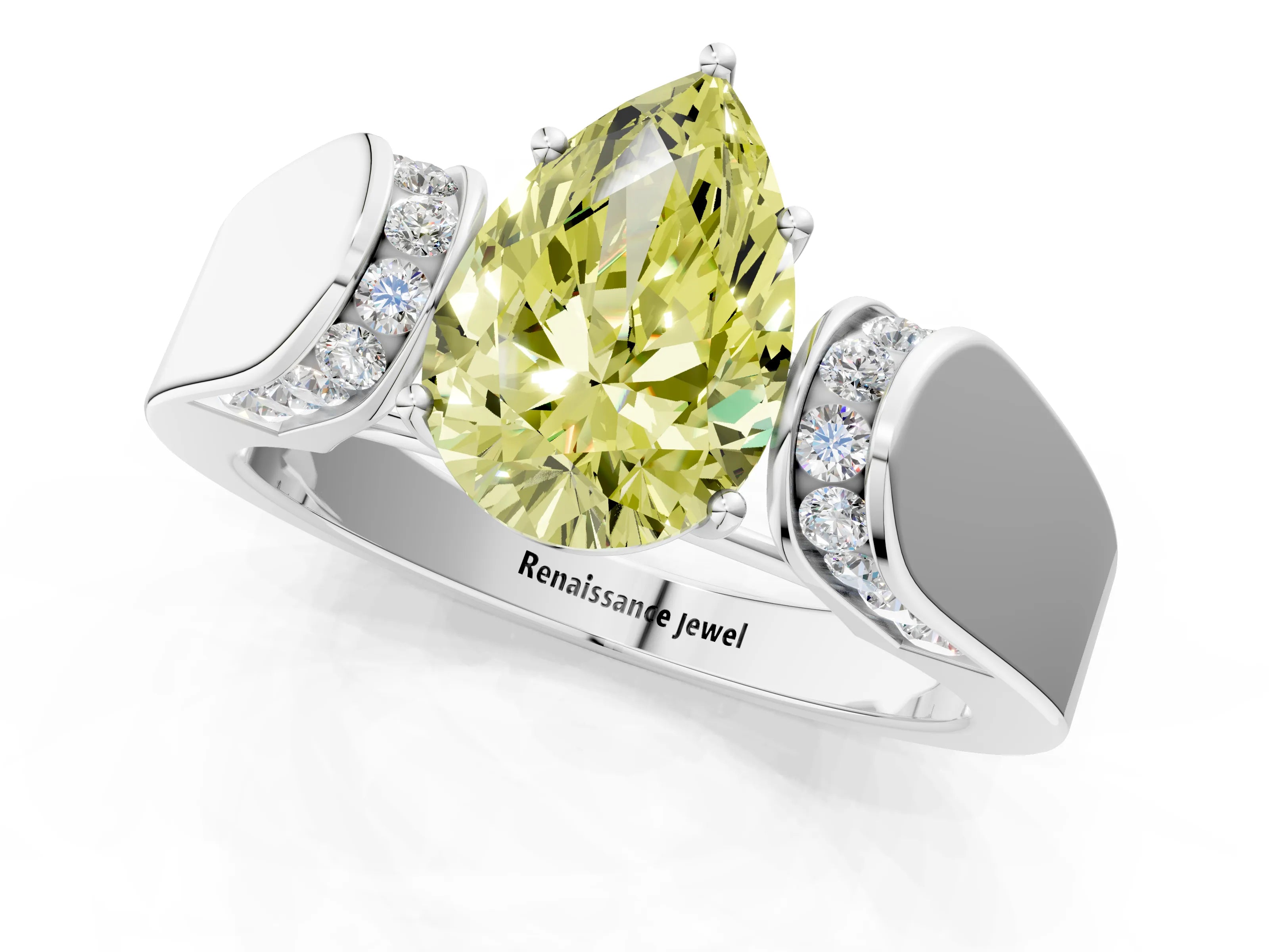 White gold Fancy Yellow Pear Cut Cut Diamond Channel Set Solitaire Ring with Four-Prong Setting_1