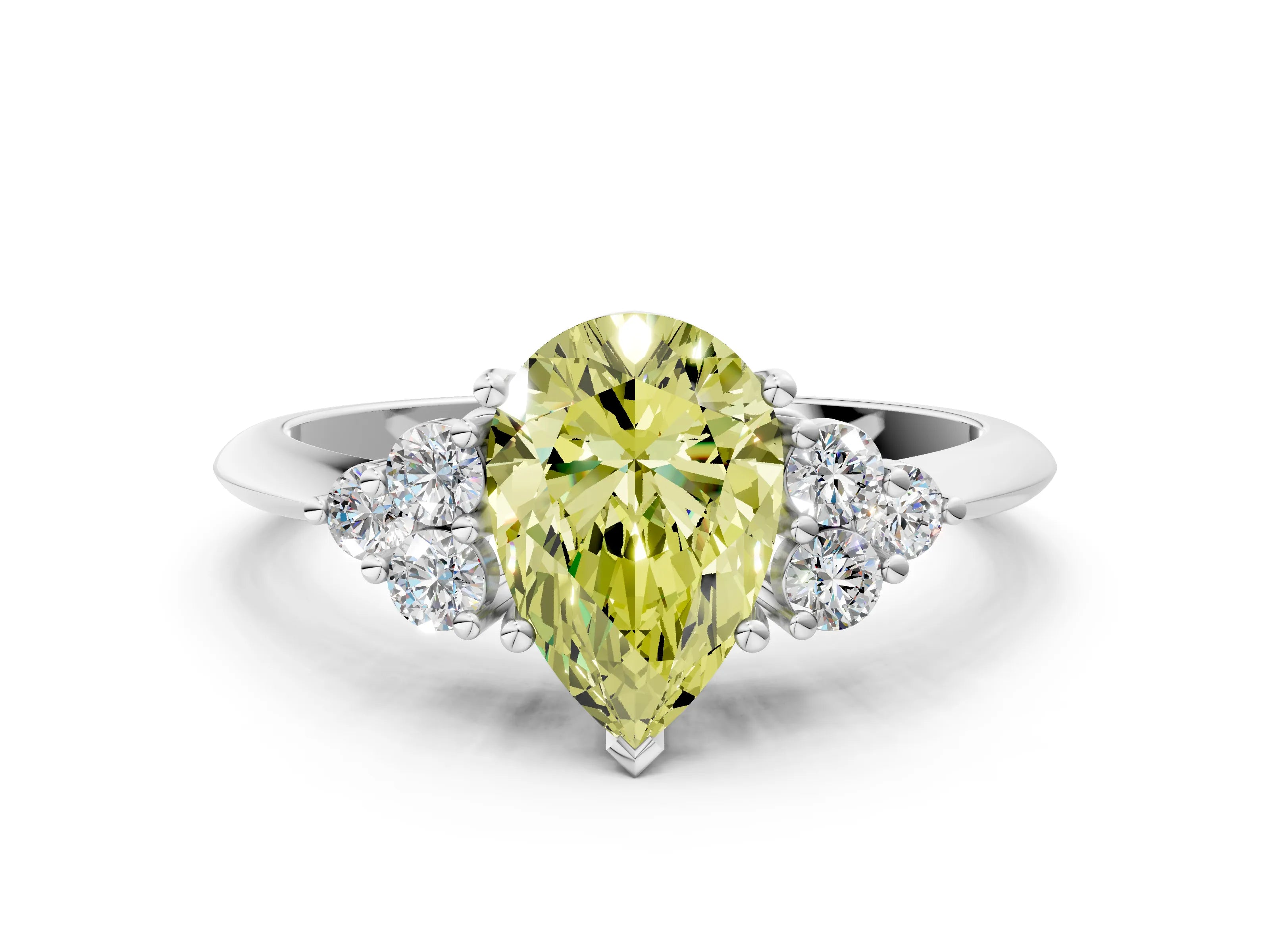 White gold Fancy Yellow Pear Cut Cut Diamond Cluster Ring with Solitaire Band and Four-Prong Setting