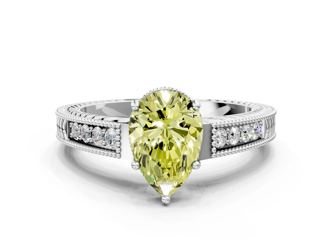 White gold Fancy Yellow Pear Cut Cut Diamond Milgrain Pave Band Four-Prong Setting Ring_15