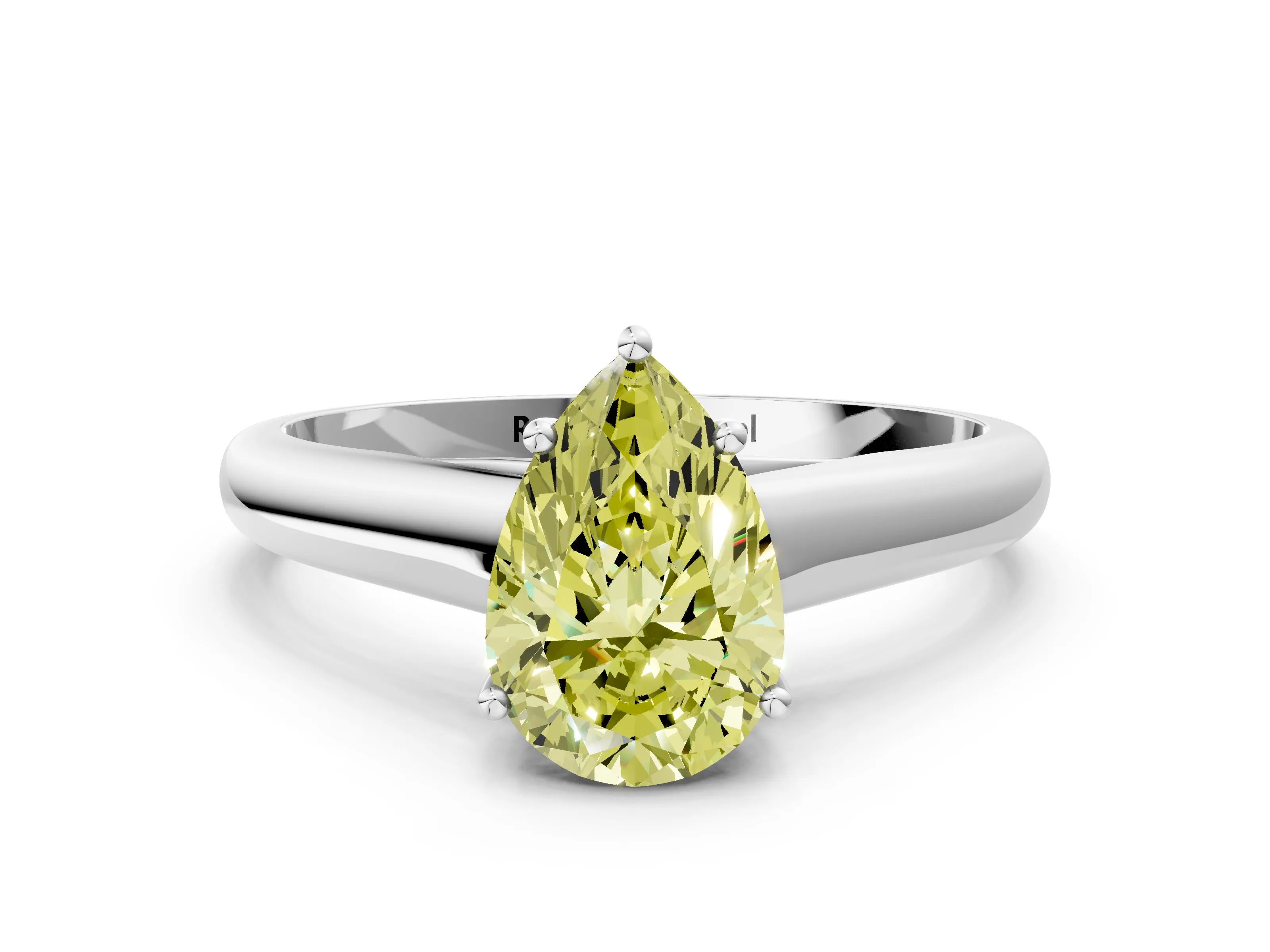 White gold Fancy Yellow Pear Cut Cut Diamond Solitaire Engagement Ring with Tapered Plain Band and Four-Prong Setting
