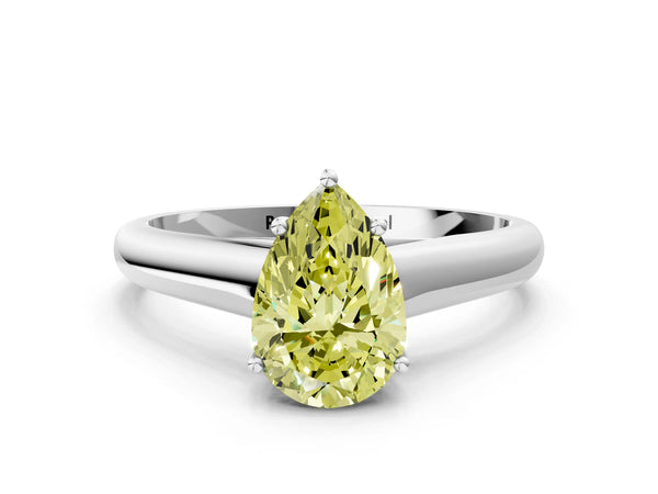 Platinum Fancy Yellow Pear Cut Cut Diamond Solitaire Engagement Ring with Tapered Plain Band and Four-Prong Setting