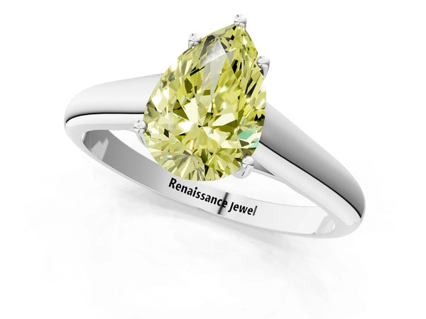 Platinum Fancy Yellow Pear Cut Cut Diamond Solitaire Engagement Ring with Tapered Plain Band and Four-Prong Setting