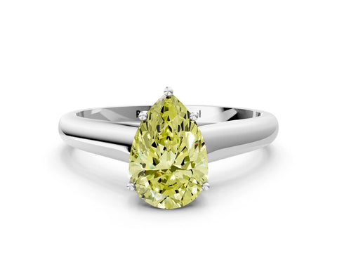 White gold Fancy Yellow Pear Cut Cut Diamond Solitaire Engagement Ring with Tapered Plain Band and Four-Prong Setting
