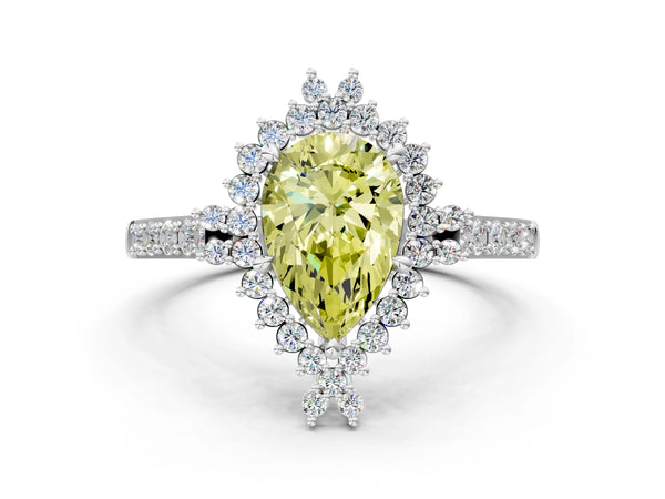 Platinum Fancy Yellow Pear Cut Cut Diamond Sunburst Halo Engagement Ring with Pavé Band