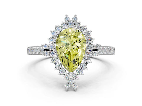 White gold Fancy Yellow Pear Cut Cut Diamond Sunburst Halo Engagement Ring with Pavé Band_12