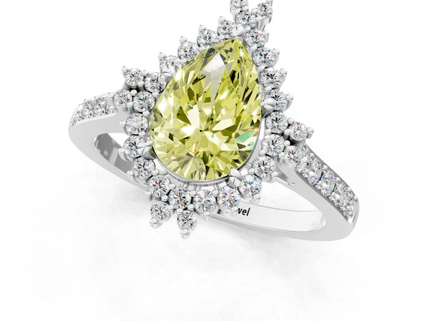 Platinum Fancy Yellow Pear Cut Cut Diamond Sunburst Halo Engagement Ring with Pavé Band