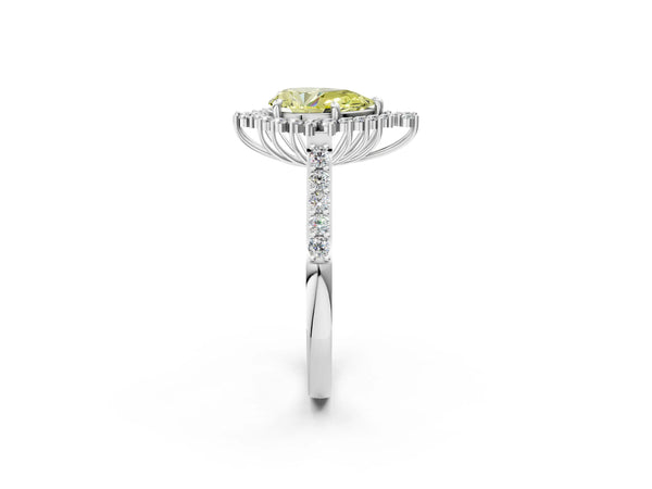 Platinum Fancy Yellow Pear Cut Cut Diamond Sunburst Halo Engagement Ring with Pavé Band