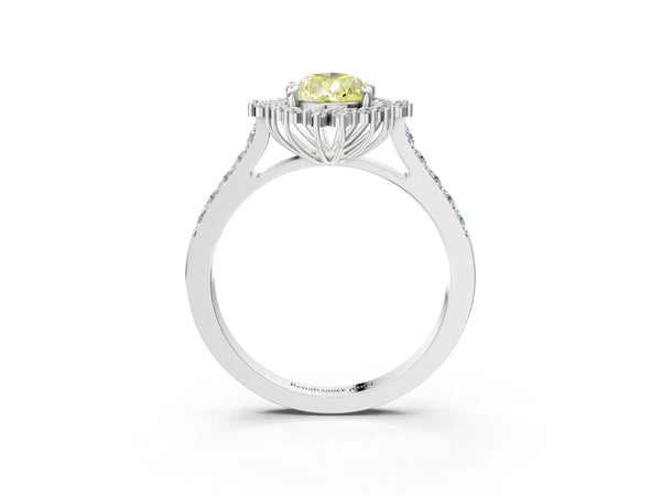 Platinum Fancy Yellow Pear Cut Cut Diamond Sunburst Halo Engagement Ring with Pavé Band