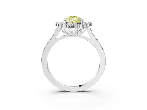 White gold Fancy Yellow Pear Cut Cut Diamond Sunburst Halo Engagement Ring with Pavé Band_15