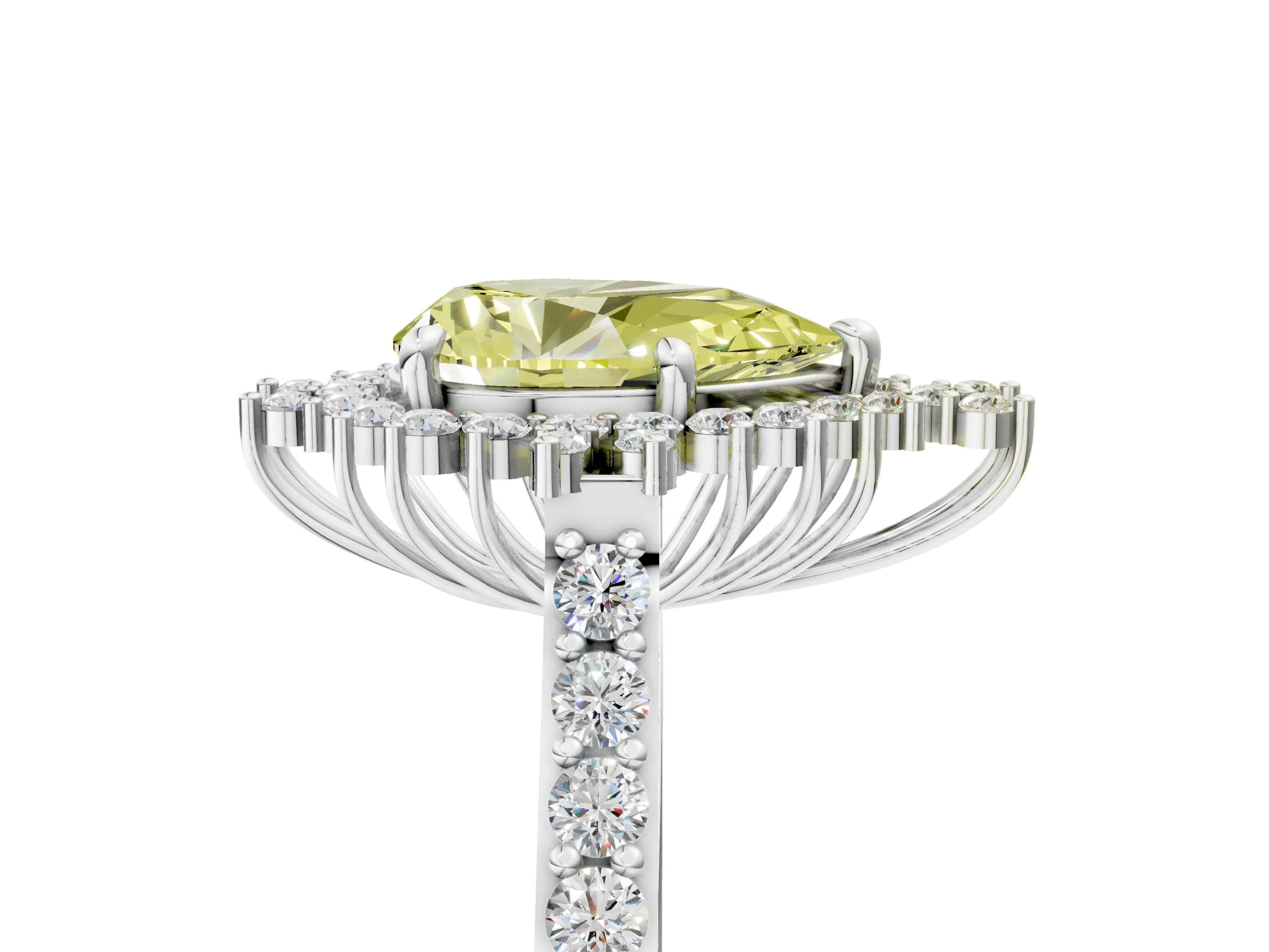White gold Fancy Yellow Pear Cut Cut Diamond Sunburst Halo Engagement Ring with Pavé Band_17