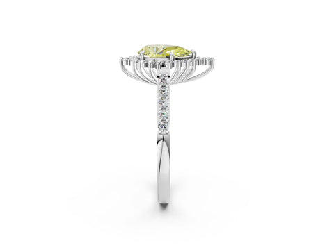 White gold Fancy Yellow Pear Cut Cut Diamond Sunburst Halo Engagement Ring with Pavé Band_2