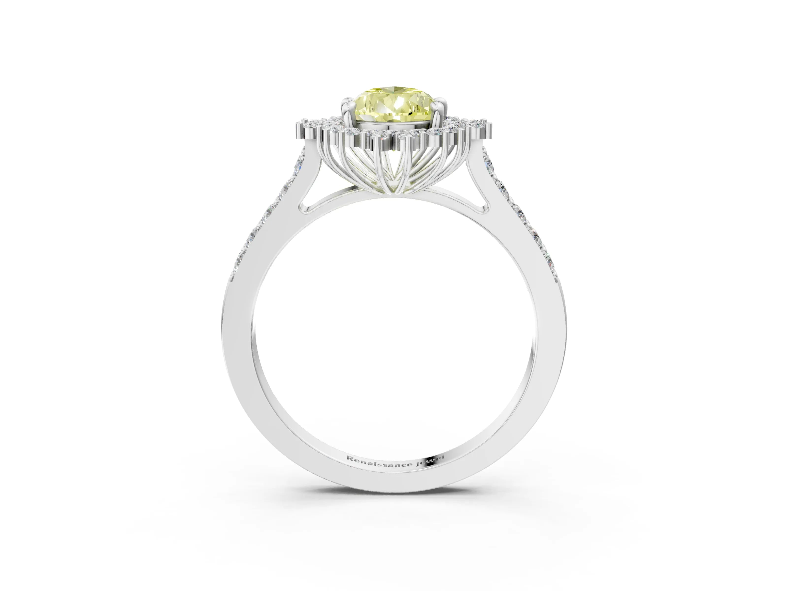 White gold Fancy Yellow Pear Cut Cut Diamond Sunburst Halo Engagement Ring with Pavé Band_3