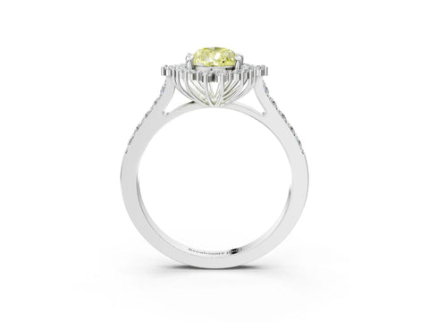 White gold Fancy Yellow Pear Cut Cut Diamond Sunburst Halo Engagement Ring with Pavé Band_3
