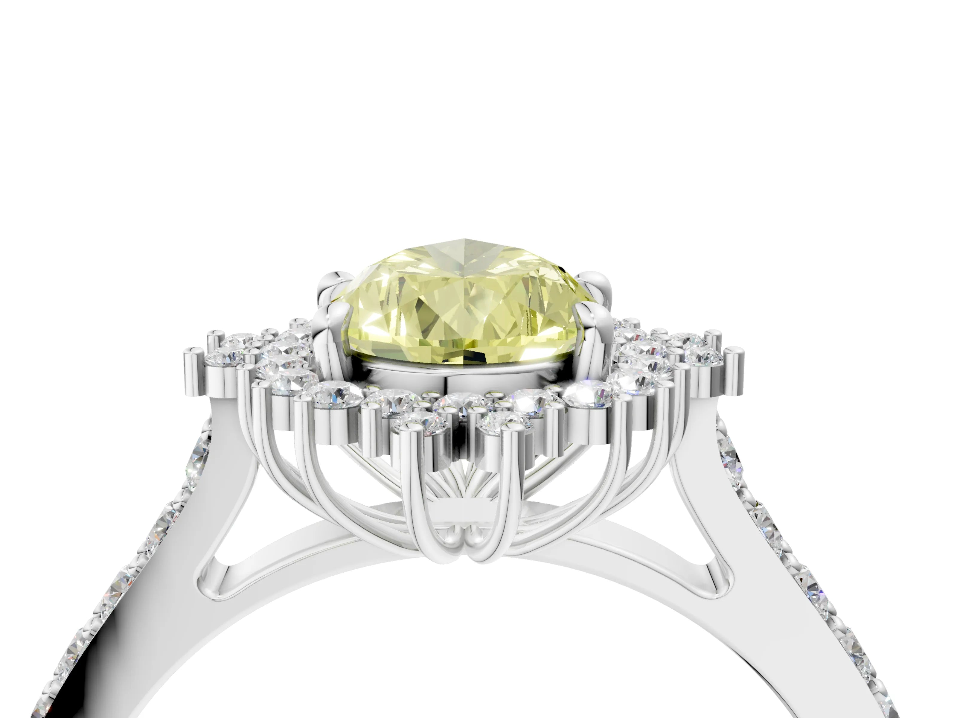 White gold Fancy Yellow Pear Cut Cut Diamond Sunburst Halo Engagement Ring with Pavé Band_4