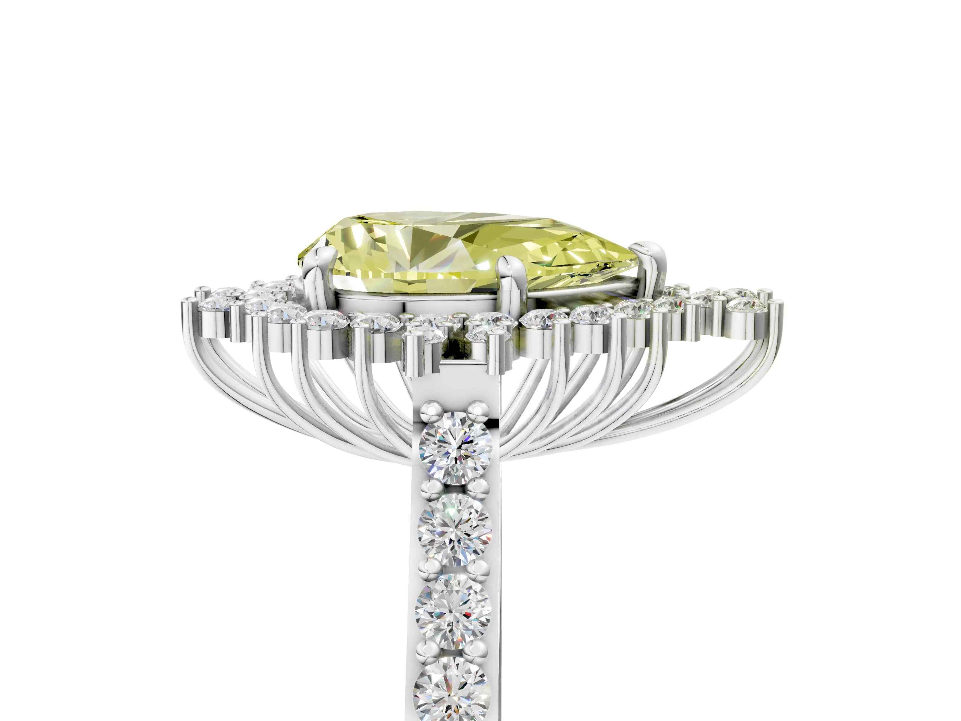 White gold Fancy Yellow Pear Cut Cut Diamond Sunburst Halo Engagement Ring with Pavé Band_5