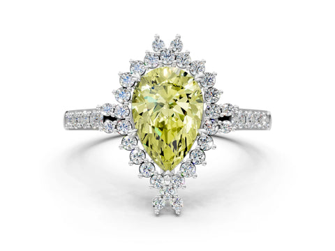 White gold Fancy Yellow Pear Cut Cut Diamond Sunburst Halo Engagement Ring with Pavé Band