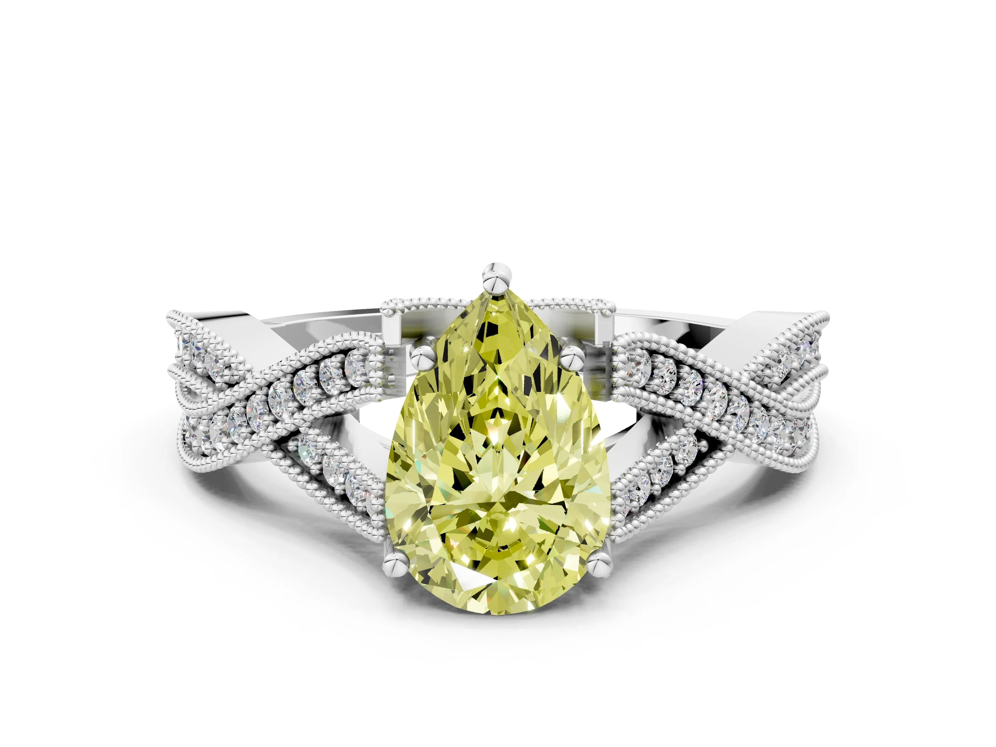 White gold Fancy Yellow Pear Cut Cut Diamond Twisted Band with Milgrain Pave Setting and Four-Prong Setting_12