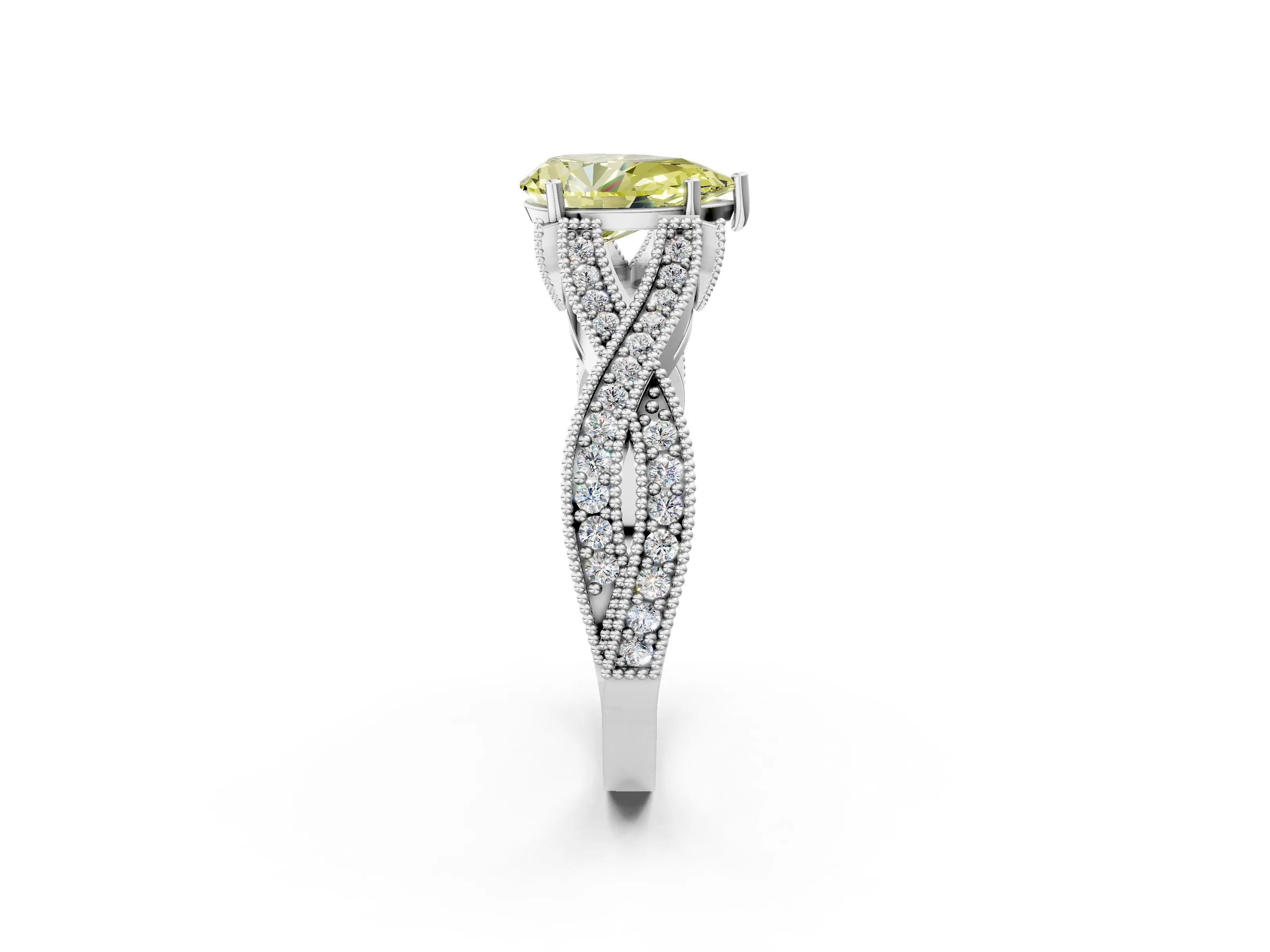 White gold Fancy Yellow Pear Cut Cut Diamond Twisted Band with Milgrain Pave Setting and Four-Prong Setting_14