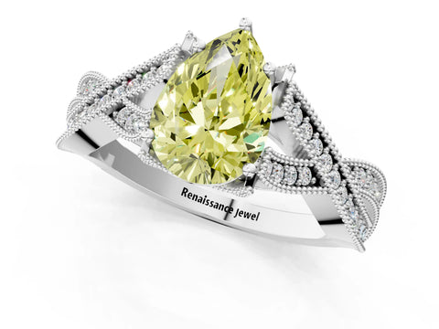 White gold Fancy Yellow Pear Cut Cut Diamond Twisted Band with Milgrain Pave Setting and Four-Prong Setting_1