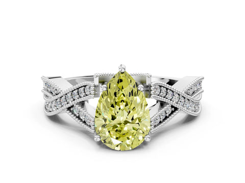White gold Fancy Yellow Pear Cut Cut Diamond Twisted Band with Milgrain Pave Setting and Four-Prong Setting