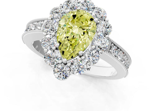 White gold Fancy Yellow Pear Cut Cut Halo Diamond Pavé Engagement Ring with Milgrain Detailing_1