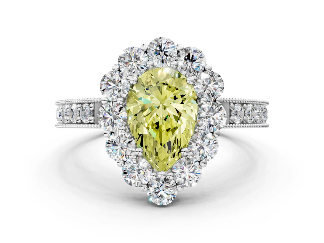 White gold Fancy Yellow Pear Cut Cut Halo Diamond Pavé Engagement Ring with Milgrain Detailing_24