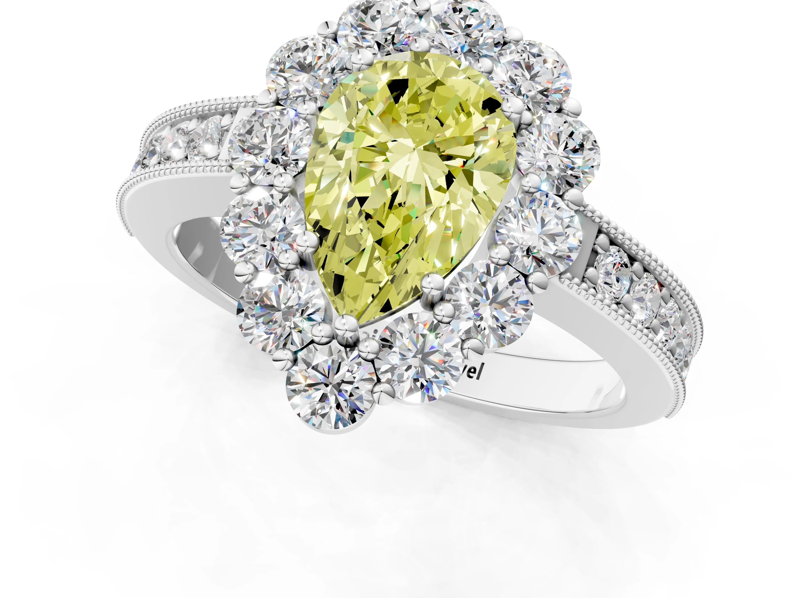 White gold Fancy Yellow Pear Cut Cut Halo Diamond Pavé Engagement Ring with Milgrain Detailing_25