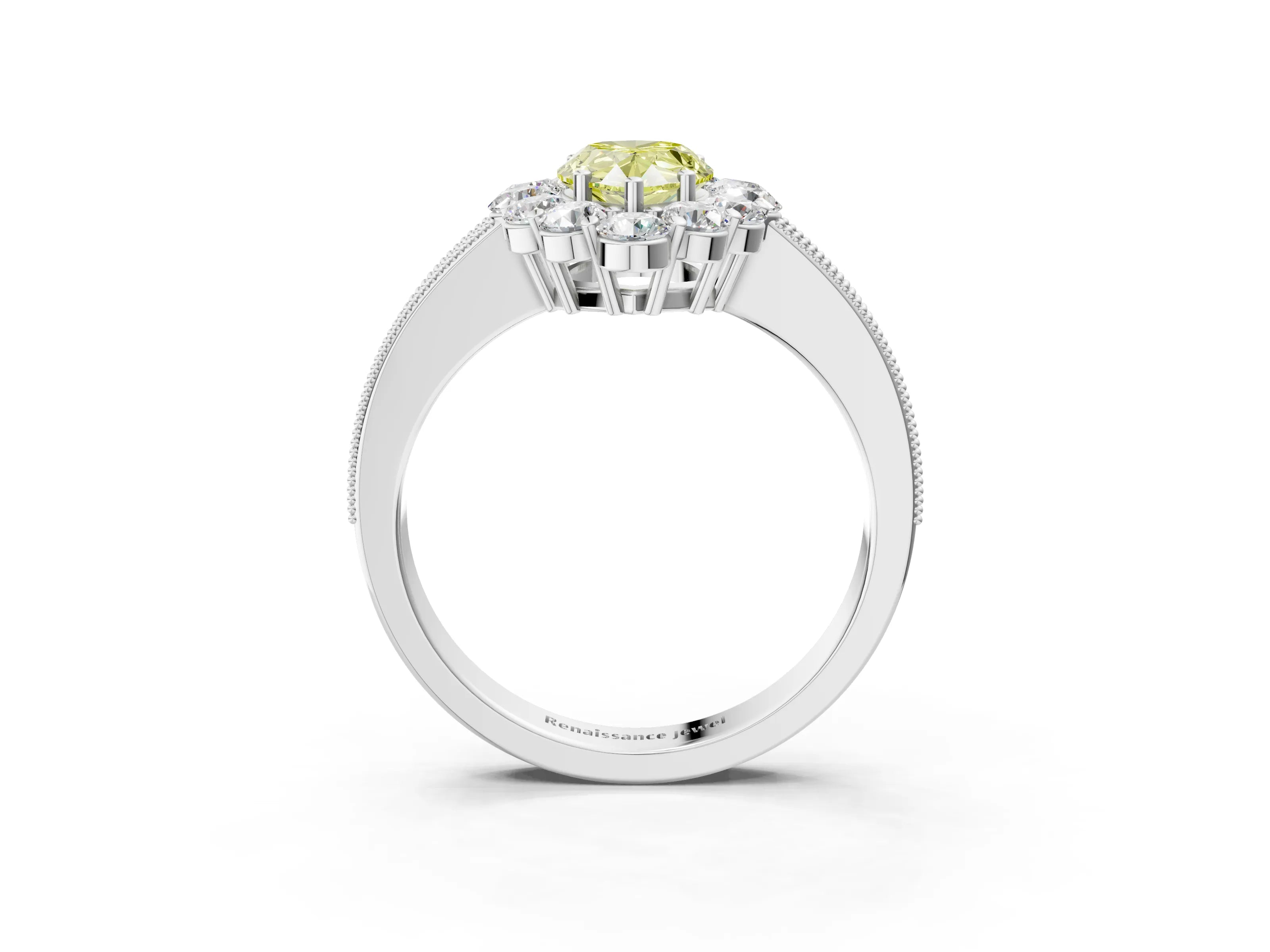 White gold Fancy Yellow Pear Cut Cut Halo Diamond Pavé Engagement Ring with Milgrain Detailing_3