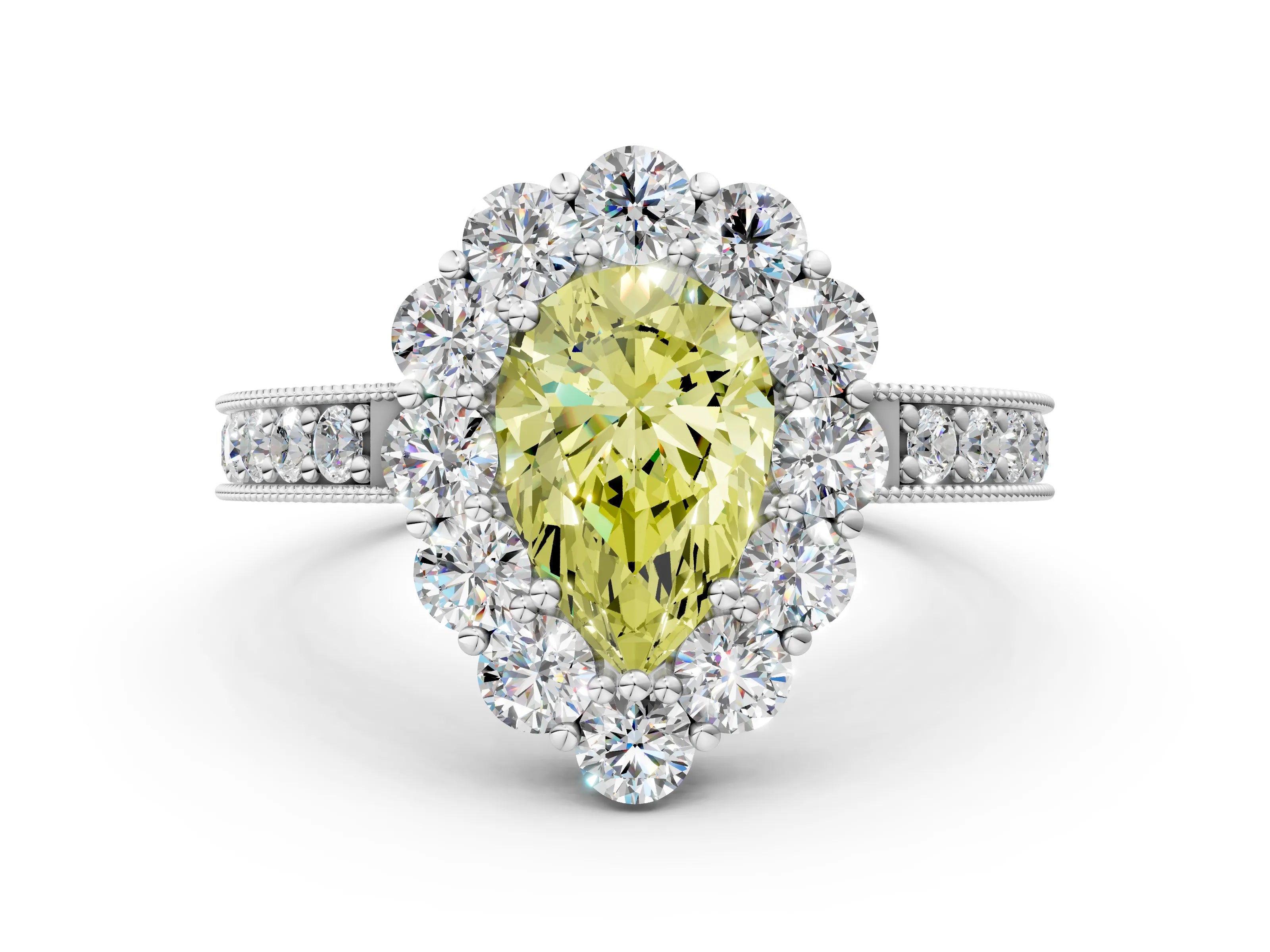White gold Fancy Yellow Pear Cut Cut Halo Diamond Pavé Engagement Ring with Milgrain Detailing_32