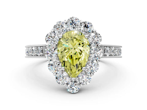 White gold Fancy Yellow Pear Cut Cut Halo Diamond Pavé Engagement Ring with Milgrain Detailing_32