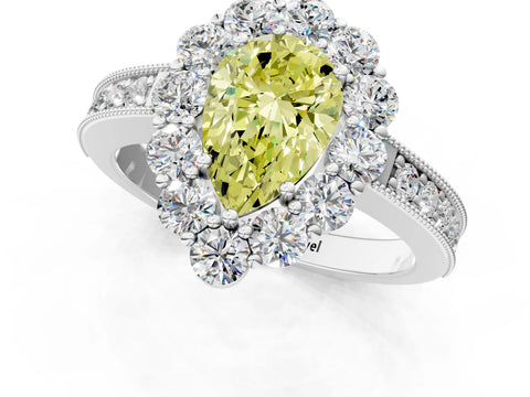 White gold Fancy Yellow Pear Cut Cut Halo Diamond Pavé Engagement Ring with Milgrain Detailing_33
