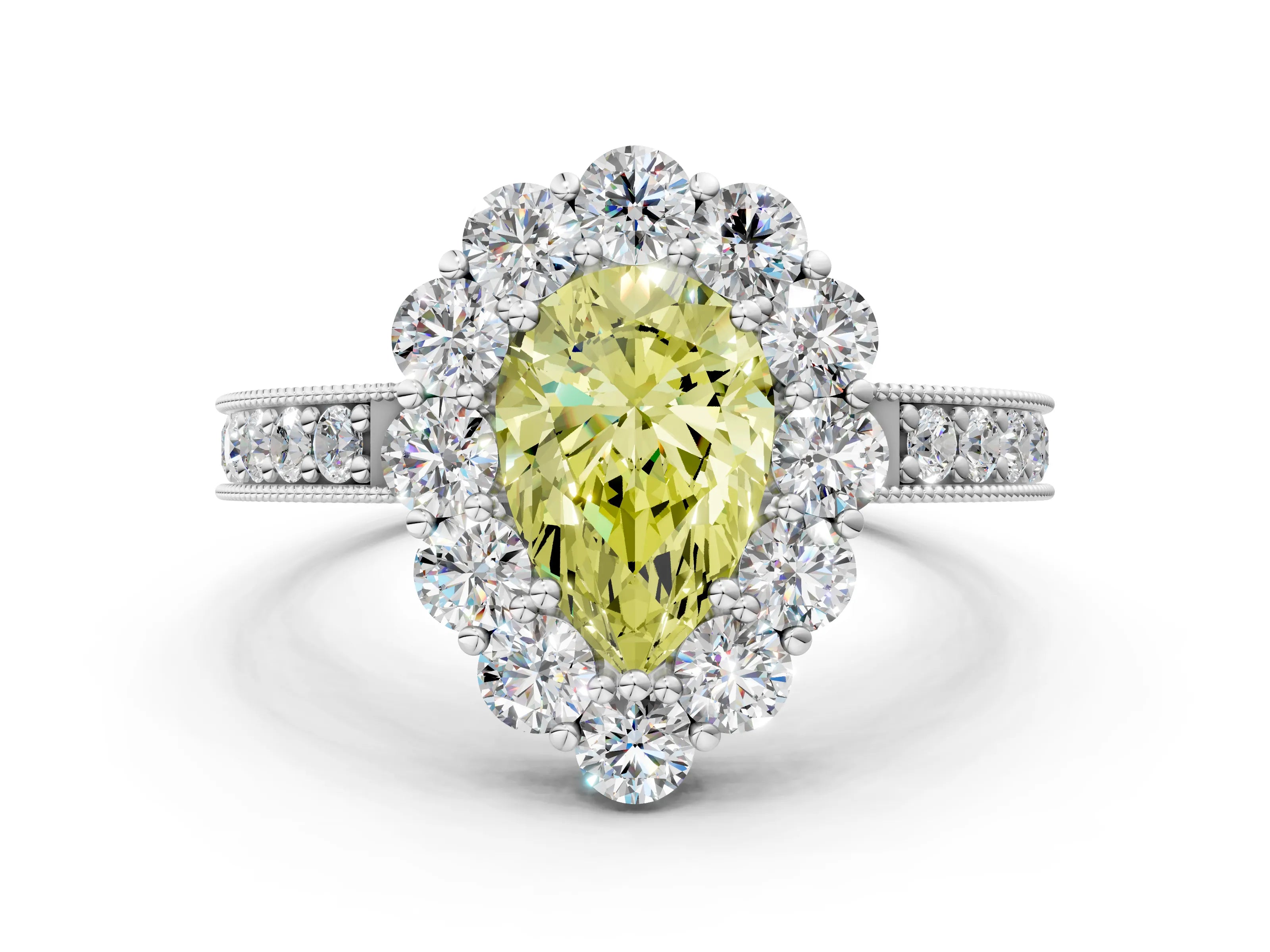 White gold Fancy Yellow Pear Cut Cut Halo Diamond Pavé Engagement Ring with Milgrain Detailing_42