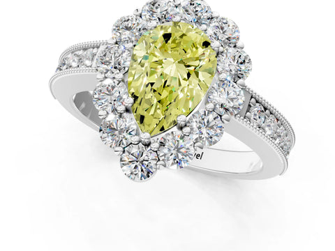 White gold Fancy Yellow Pear Cut Cut Halo Diamond Pavé Engagement Ring with Milgrain Detailing_49