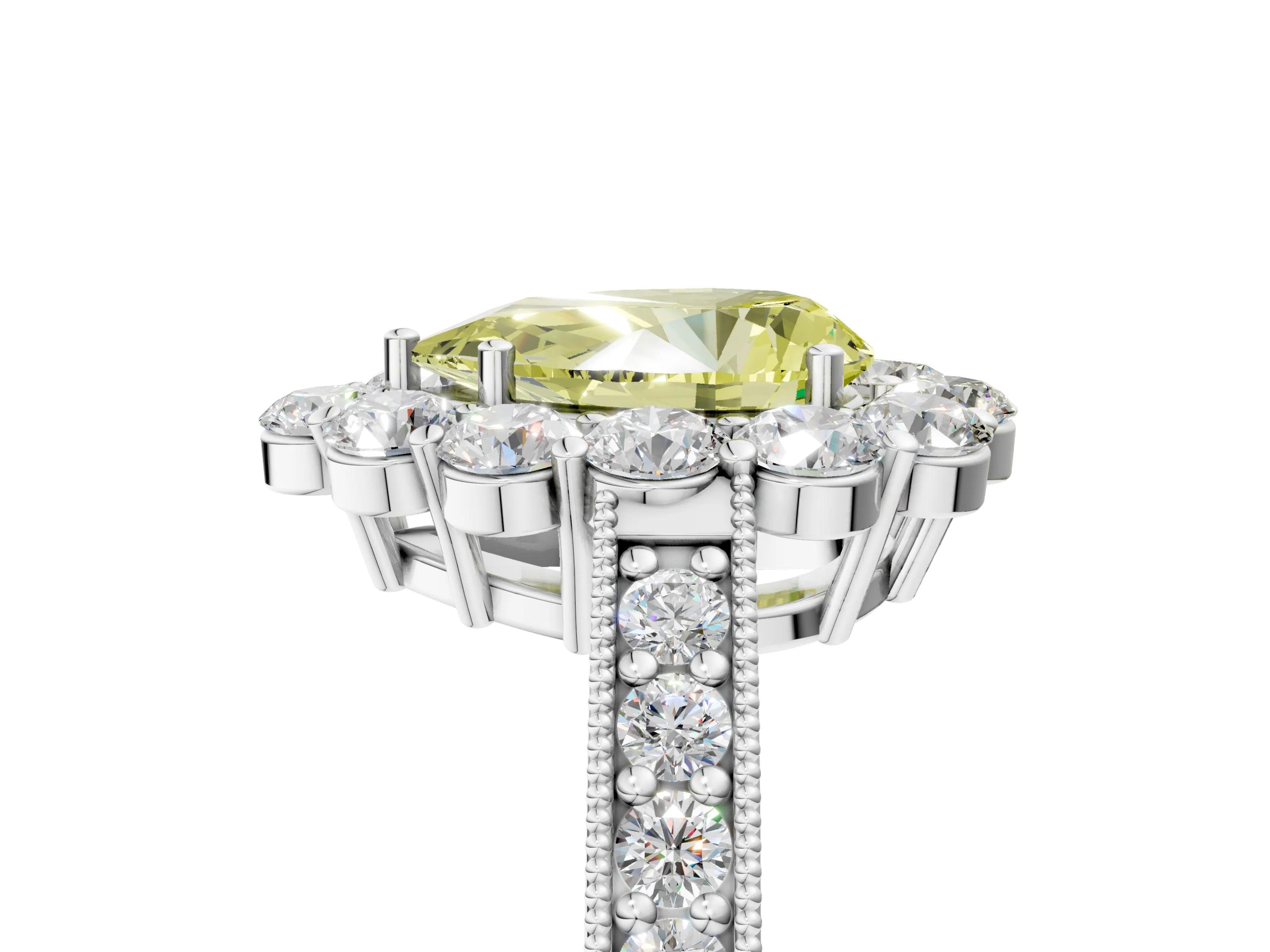 White gold Fancy Yellow Pear Cut Cut Halo Diamond Pavé Engagement Ring with Milgrain Detailing_53