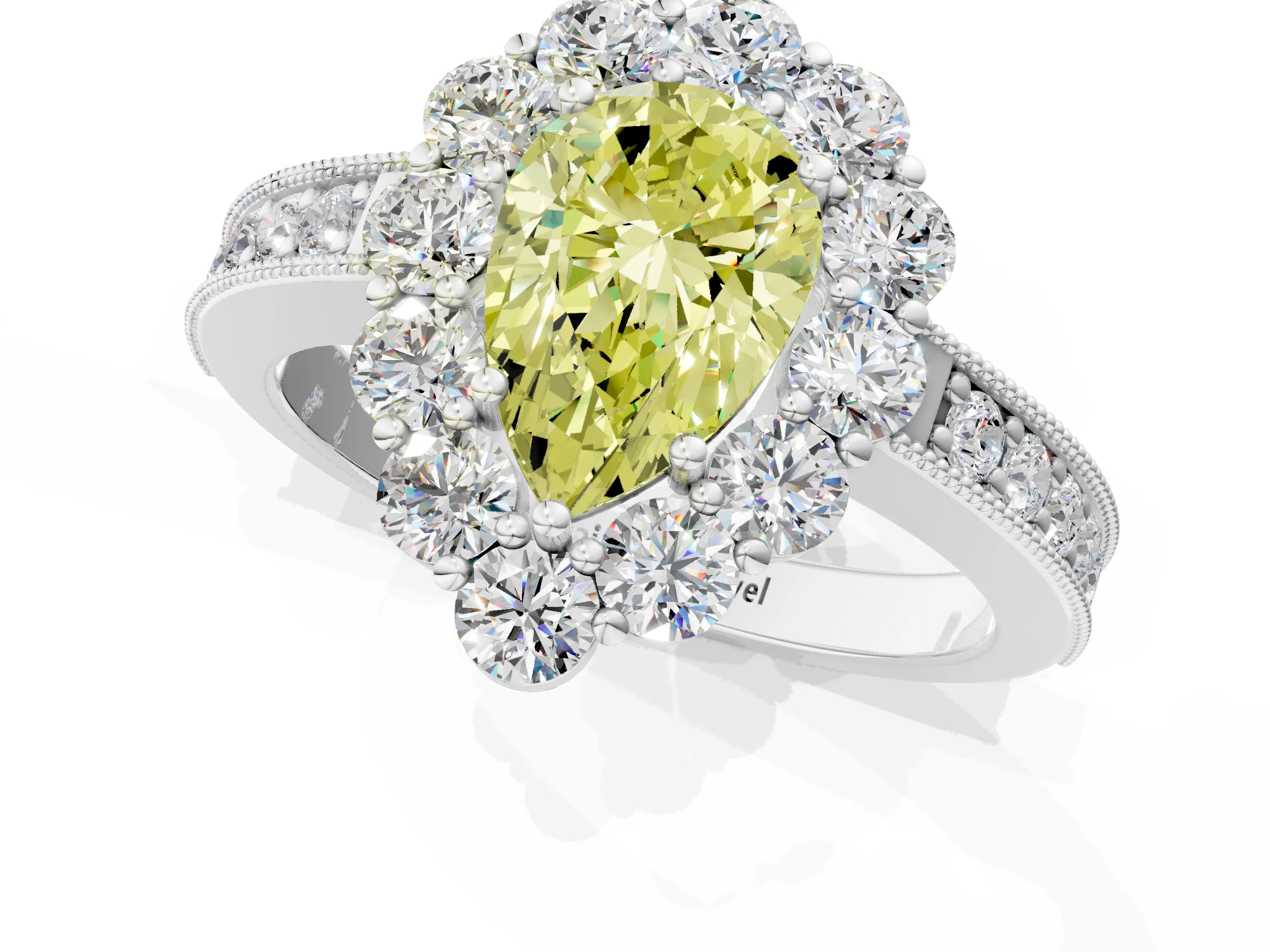 White gold Fancy Yellow Pear Cut Cut Halo Diamond Pavé Engagement Ring with Milgrain Detailing_7