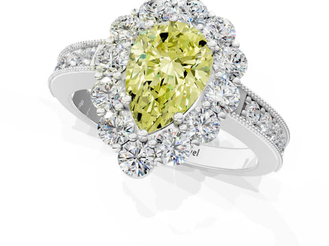 White gold Fancy Yellow Pear Cut Cut Halo Diamond Pavé Engagement Ring with Milgrain Detailing_7