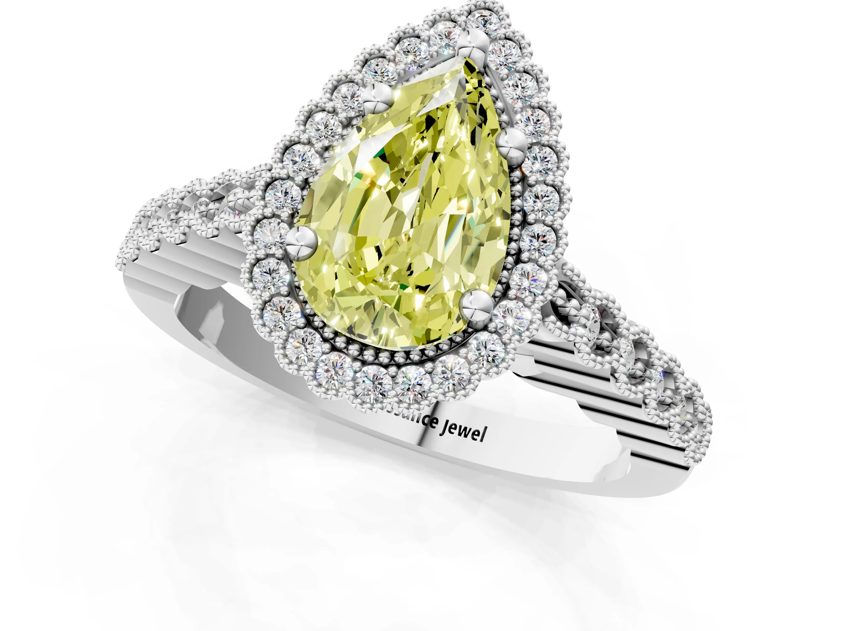 White gold Fancy Yellow Pear Cut Cut Halo Pavé Solitaire Ring with Milgrain Band_1