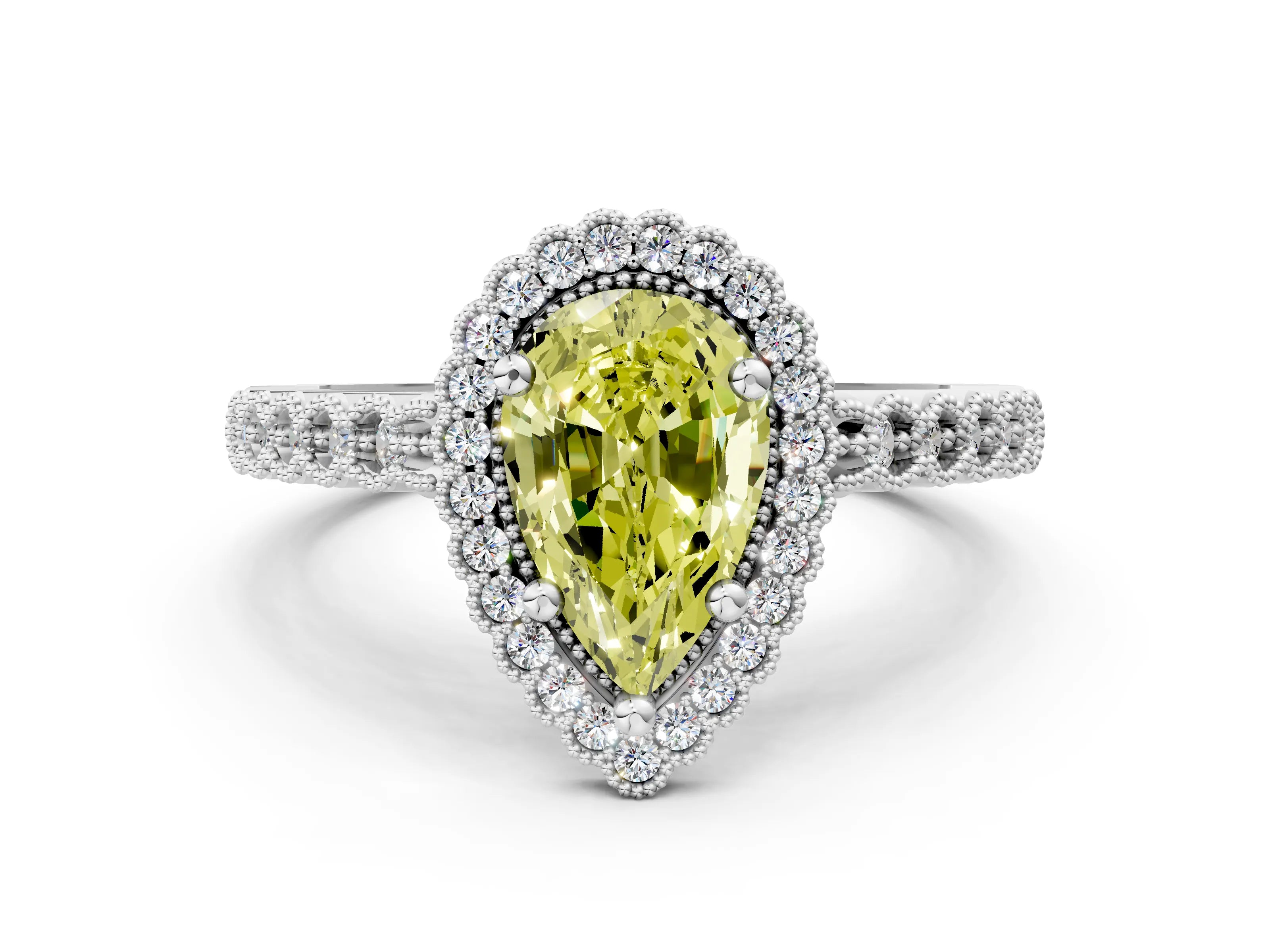 White gold Fancy Yellow Pear Cut Cut Halo Pavé Solitaire Ring with Milgrain Band_12