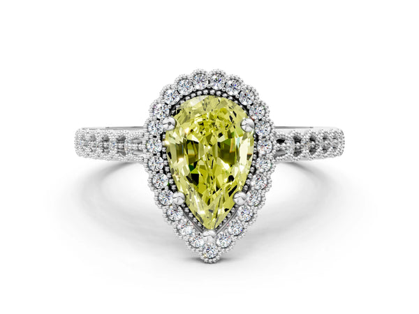 Platinum Fancy Yellow Pear Cut Cut Halo Pavé Solitaire Ring with Milgrain Band