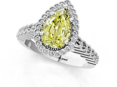 White gold Fancy Yellow Pear Cut Cut Halo Pavé Solitaire Ring with Milgrain Band_13