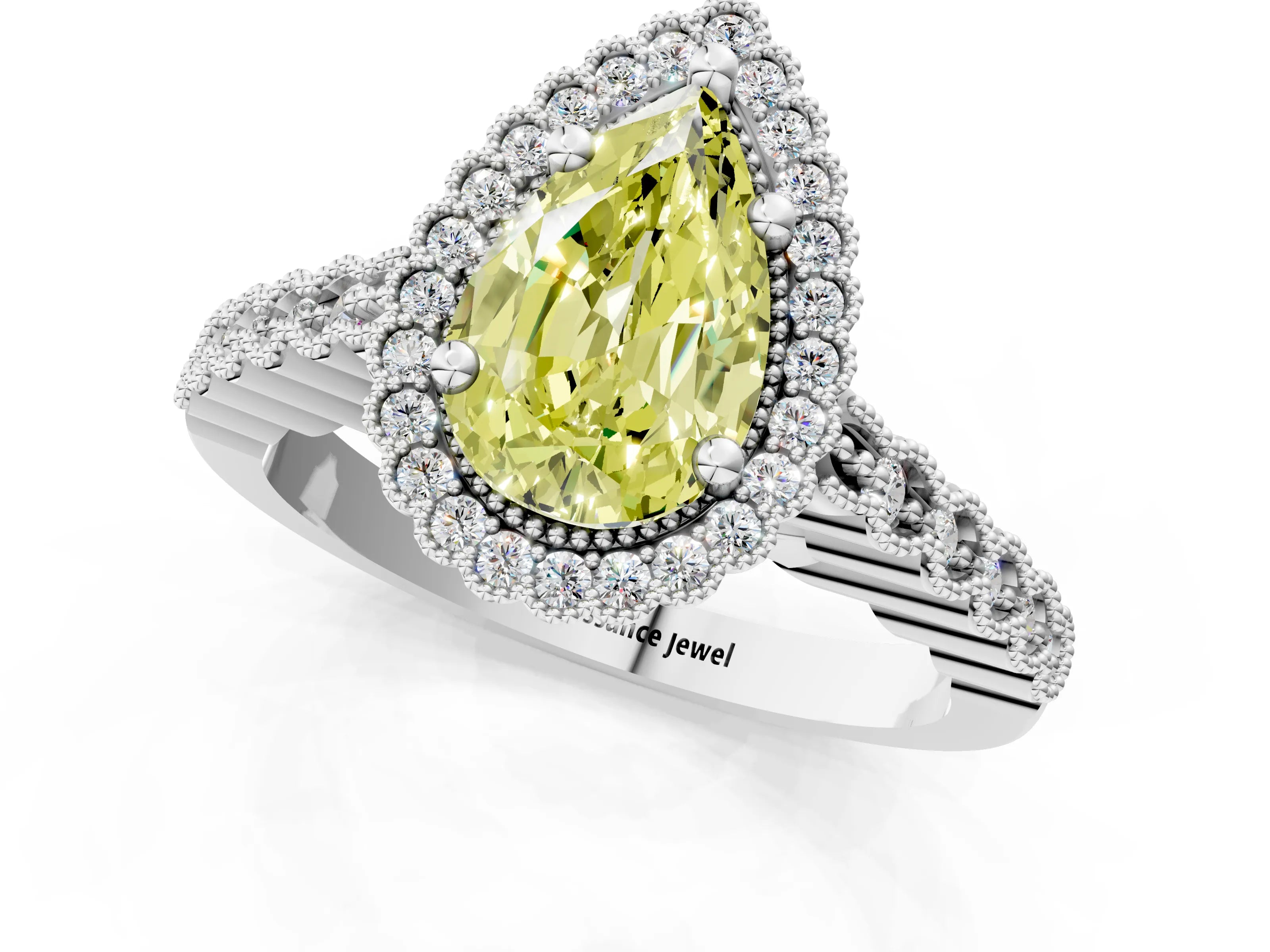 White gold Fancy Yellow Pear Cut Cut Halo Pavé Solitaire Ring with Milgrain Band_13