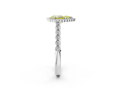White gold Fancy Yellow Pear Cut Cut Halo Pavé Solitaire Ring with Milgrain Band_14