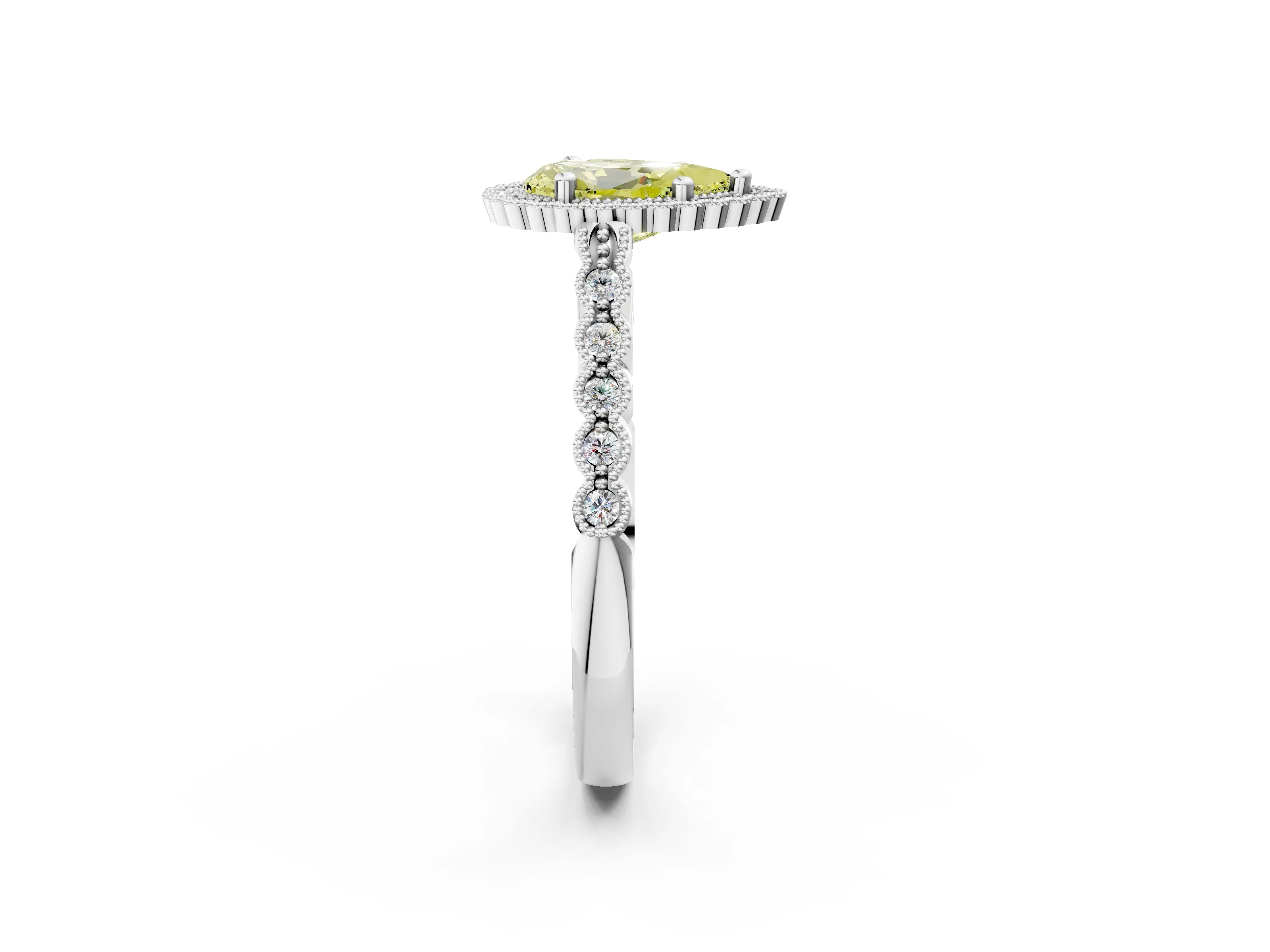 White gold Fancy Yellow Pear Cut Cut Halo Pavé Solitaire Ring with Milgrain Band_14