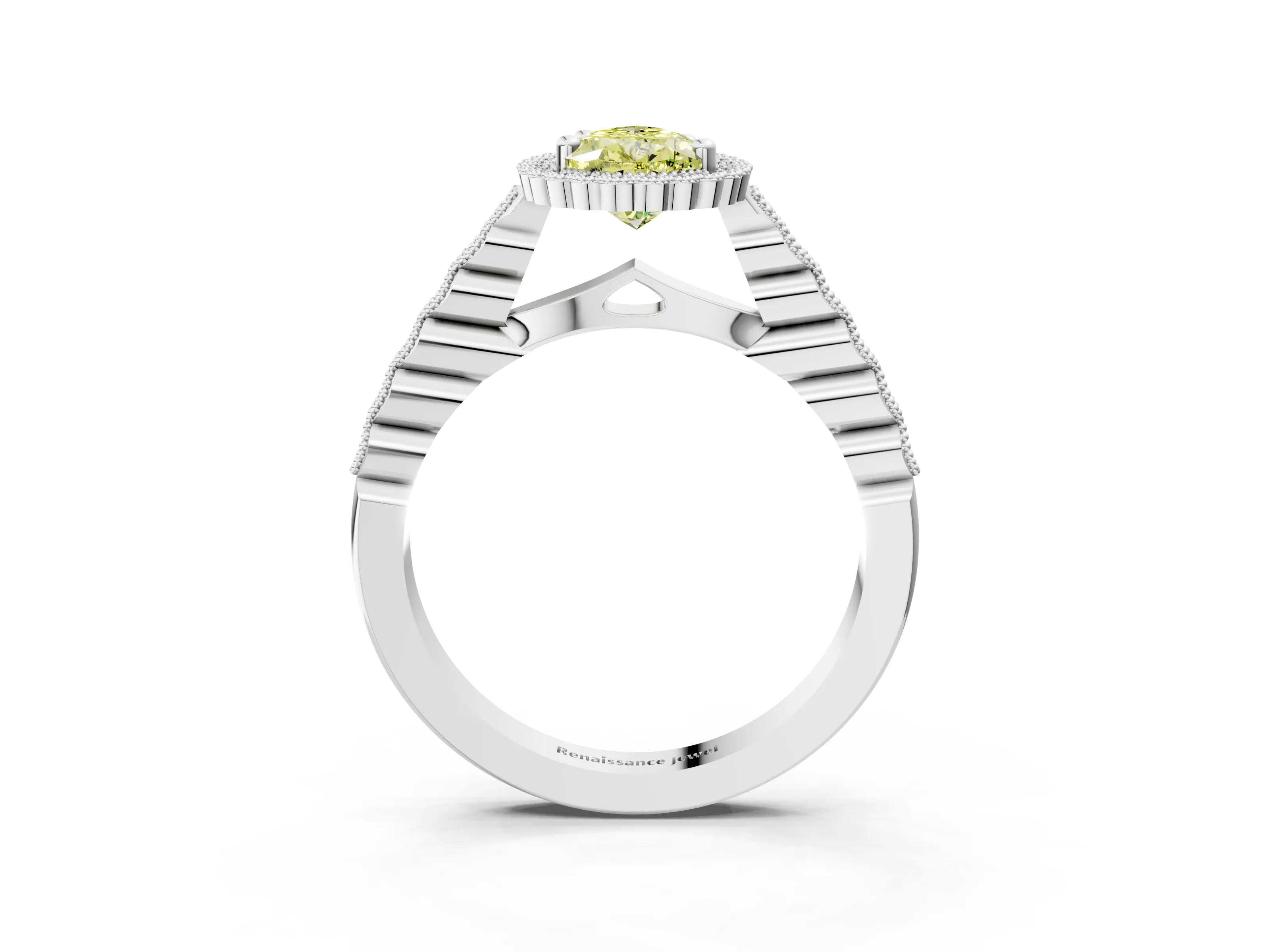 White gold Fancy Yellow Pear Cut Cut Halo Pavé Solitaire Ring with Milgrain Band_15
