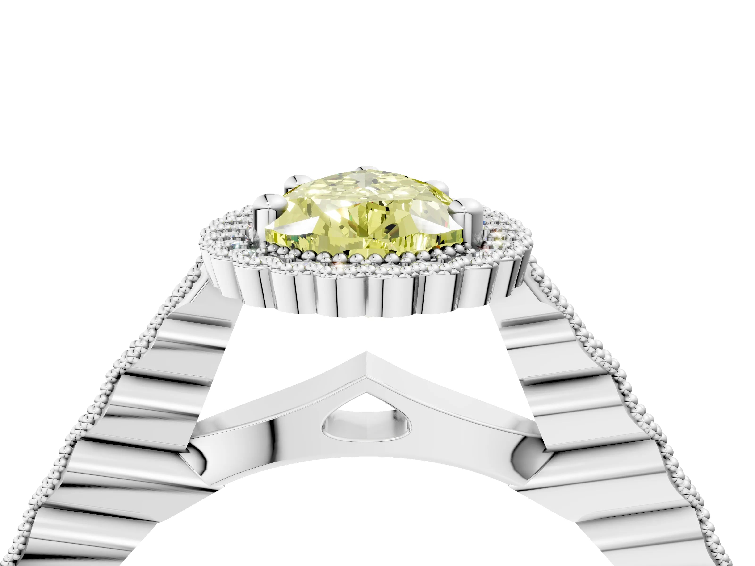 White gold Fancy Yellow Pear Cut Cut Halo Pavé Solitaire Ring with Milgrain Band_16