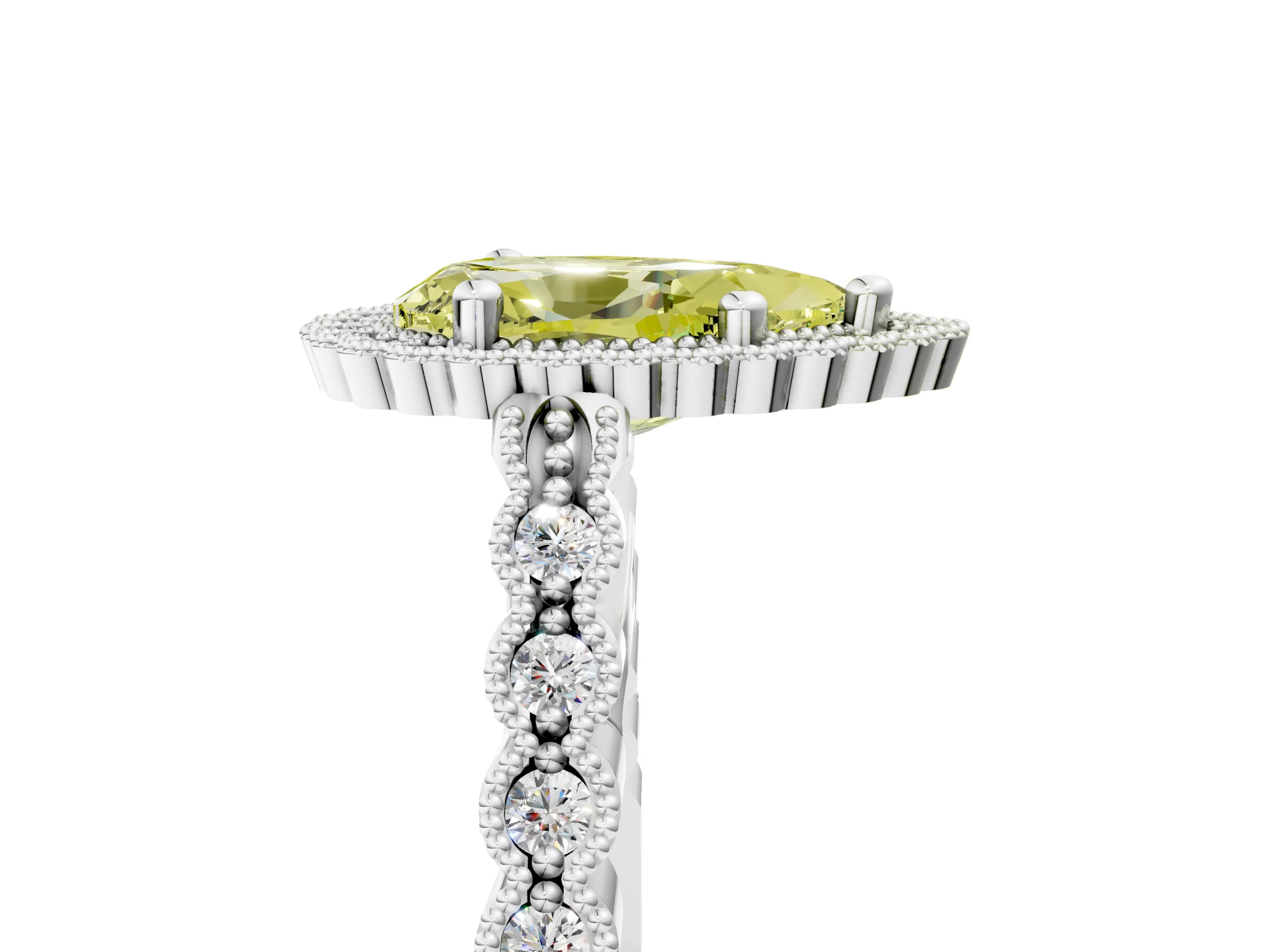 White gold Fancy Yellow Pear Cut Cut Halo Pavé Solitaire Ring with Milgrain Band_17