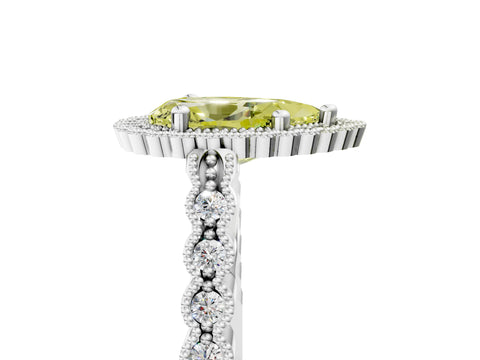 White gold Fancy Yellow Pear Cut Cut Halo Pavé Solitaire Ring with Milgrain Band_17