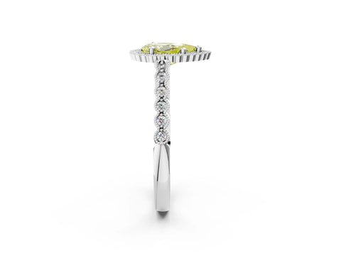 White gold Fancy Yellow Pear Cut Cut Halo Pavé Solitaire Ring with Milgrain Band_2