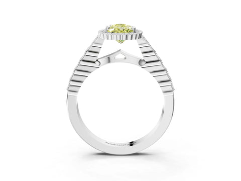 White gold Fancy Yellow Pear Cut Cut Halo Pavé Solitaire Ring with Milgrain Band_3