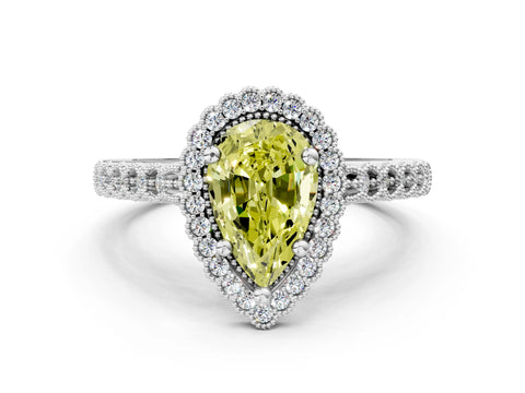 White gold Fancy Yellow Pear Cut Cut Halo Pavé Solitaire Ring with Milgrain Band